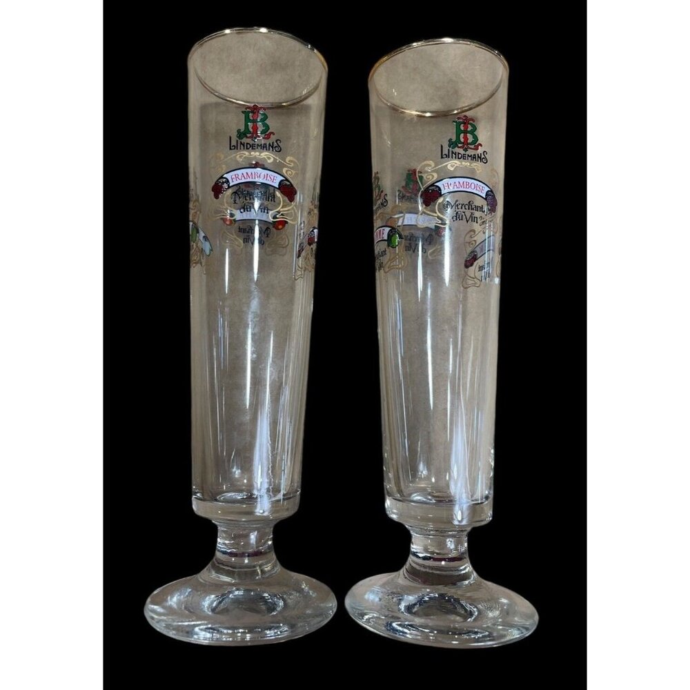 2 Lindemans Clear Tall Fluted Beer Glasses Gold Rim Kriek Peche Pomme Framboise-